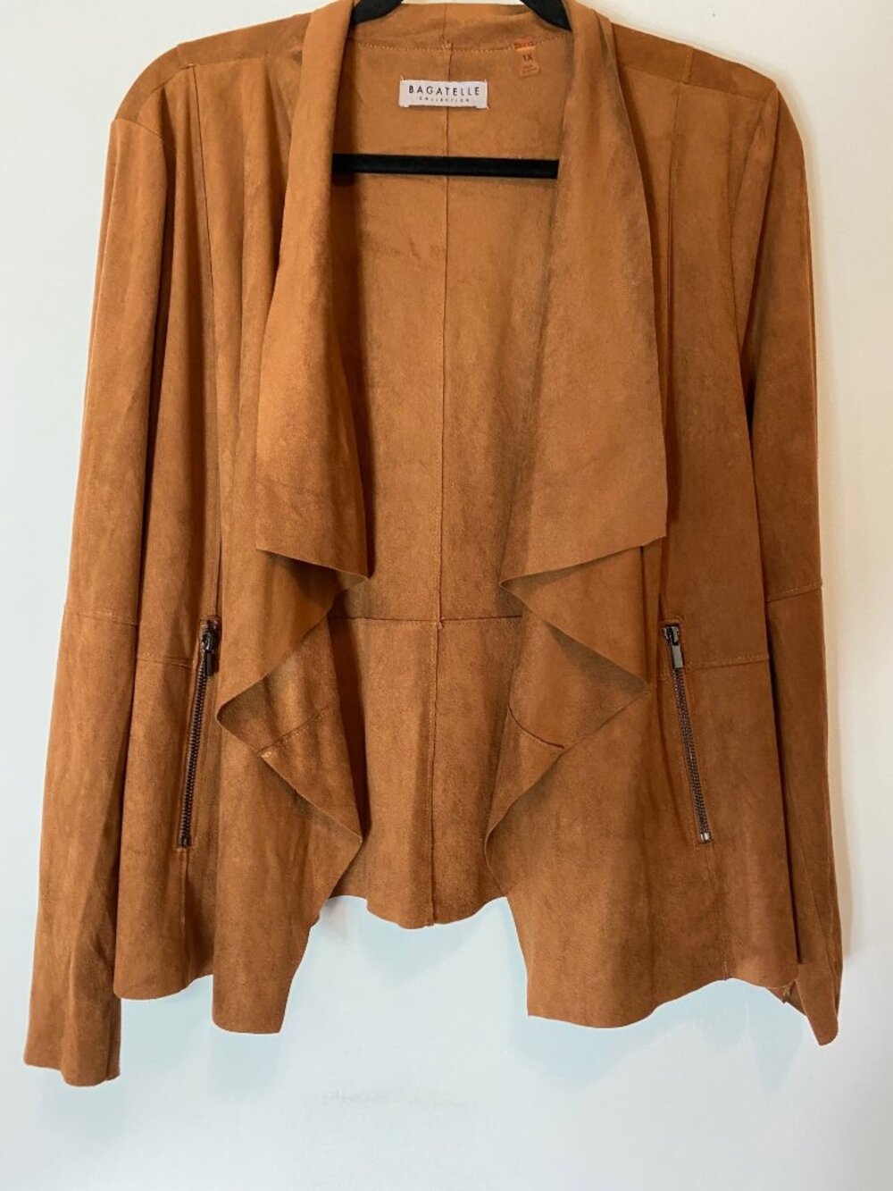 Bagatelle Faux Suede Waterfall Jacket Zipper Accents Camel Brown 1X